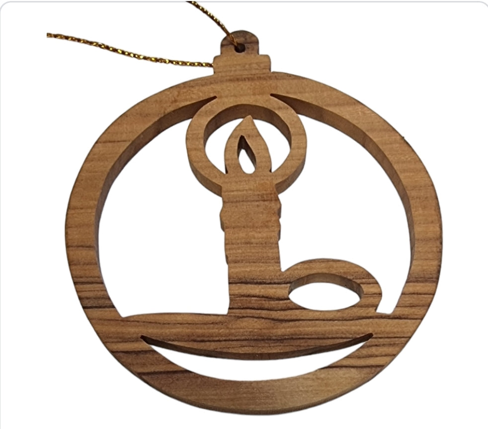 Divine Glow: Olive Wood Christmas Ornament with Illuminated Candle