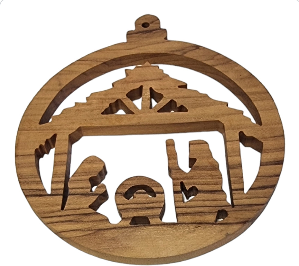 Bethlehem Blessings: Handcrafted Olive Wood Holy Family Christmas Ornament (9cm Round)