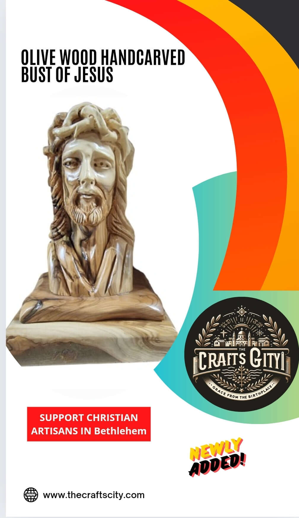 Hand-Carved Olive Wood Bust of Jesus Christ with Crown of Thorns (13x9cm) - Made in Bethlehem