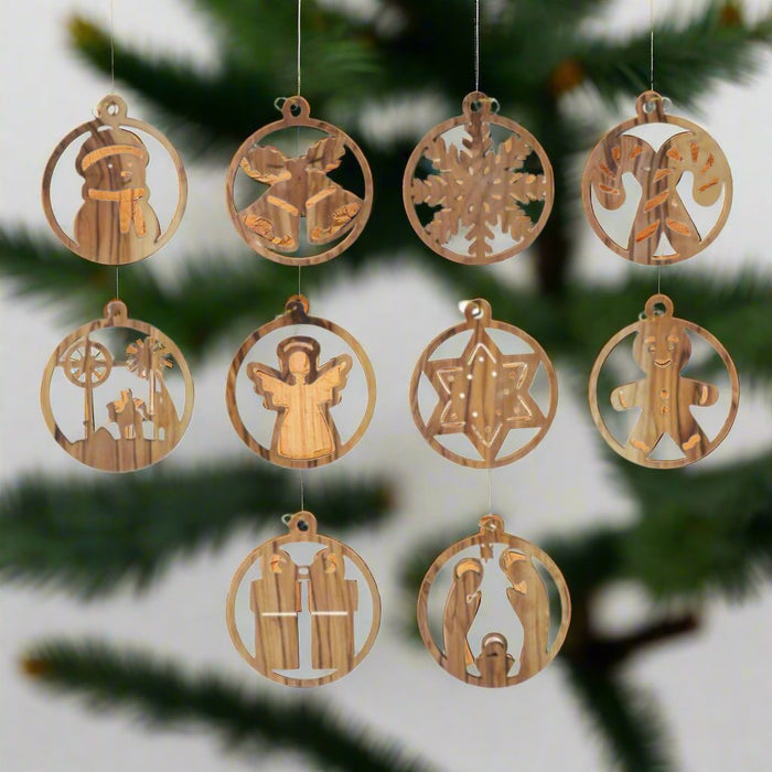 Sizes of Christmas wood  Ornaments and a Packed Nativity Scene