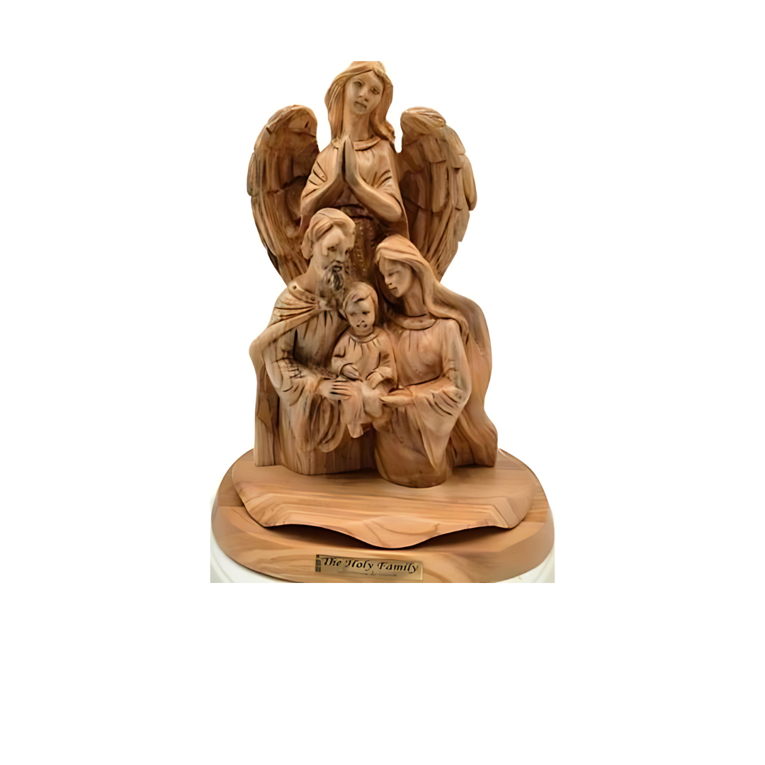 This image shows a wooden wooden craftsmanship of the holy family, containing Joseph, Mary, Baby Jesus, and the holy Spirit