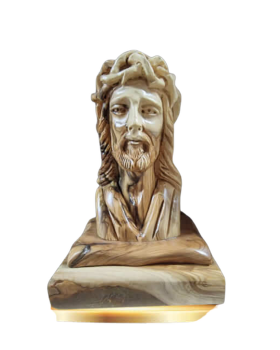 Hand Carved Olive Wood Bust of Jesus with the Crown of Thorns on His Head