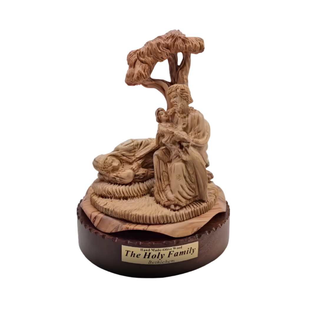 "Divine Harmony: Hand-Carved Olive Wood Holy Family Figurine"