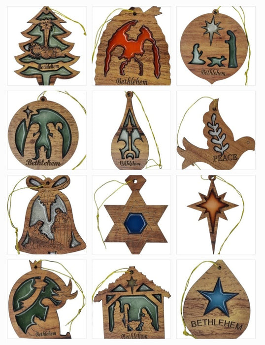 Set Of 12 Wood & Resin Christmas Tree Ornaments