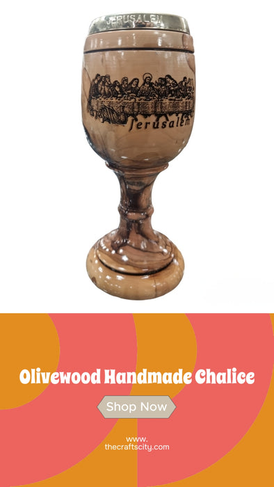 wood carving of the last supper on a wooden Chalice with details written on the picture. 