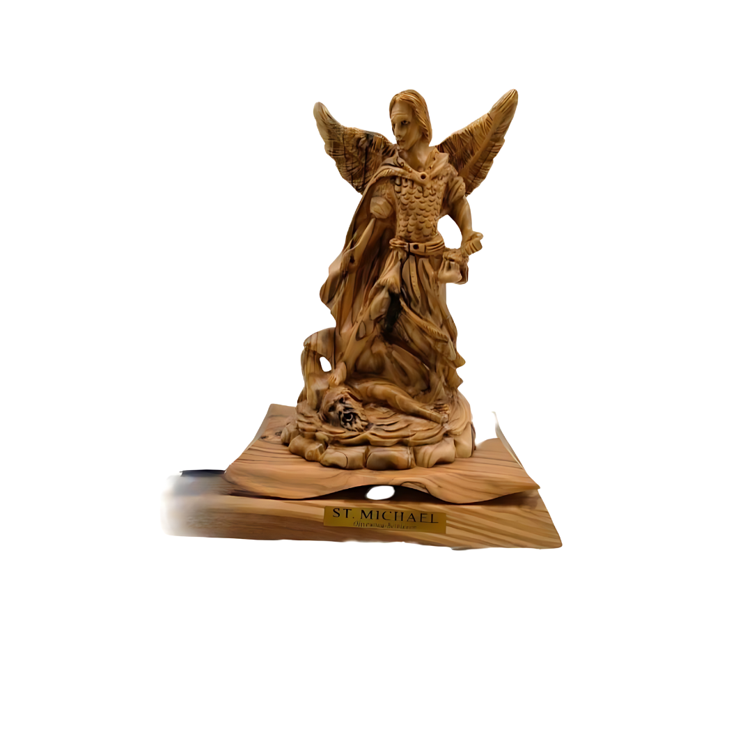 "Divine Defender: Olive Wood Hand-Carved St. Michael Statue (24cm x 17cm)"