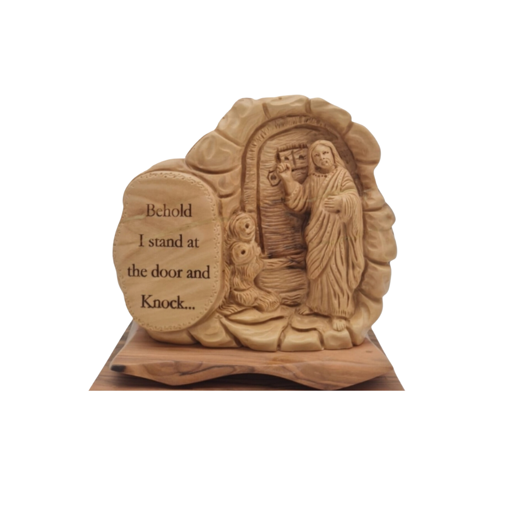 "Divine Invitation: Olive Wood Hand-Carved Statue of Jesus Knocking"