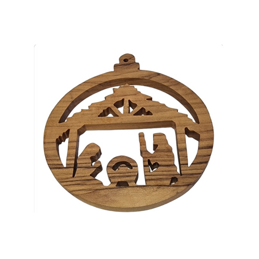 Bethlehem Blessings: Handcrafted Olive Wood Holy Family Christmas Ornament (9cm Round)