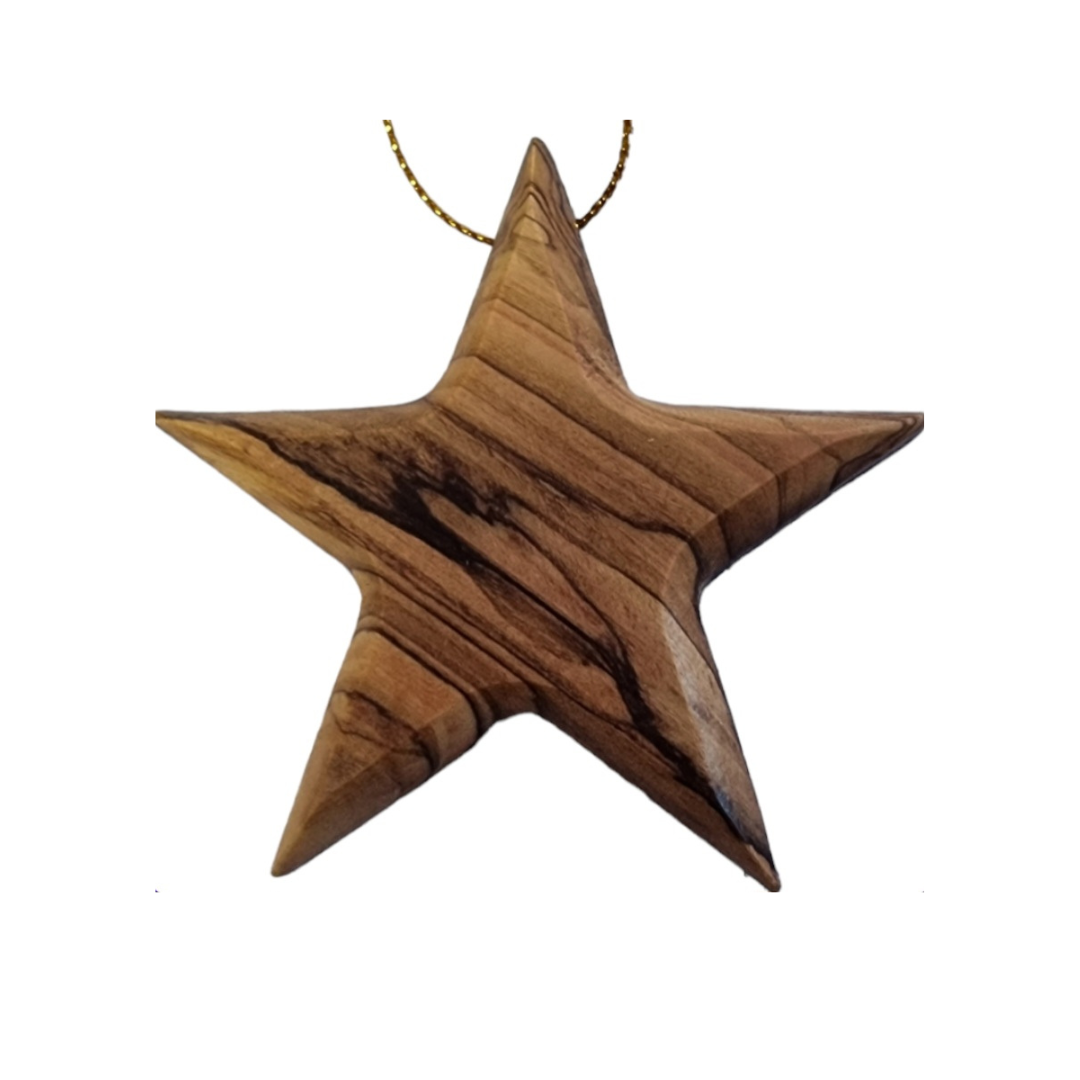 Brillo de olivo radiante: adorno de estrella navideña de madera de olivo hecho a mano (8 cm)