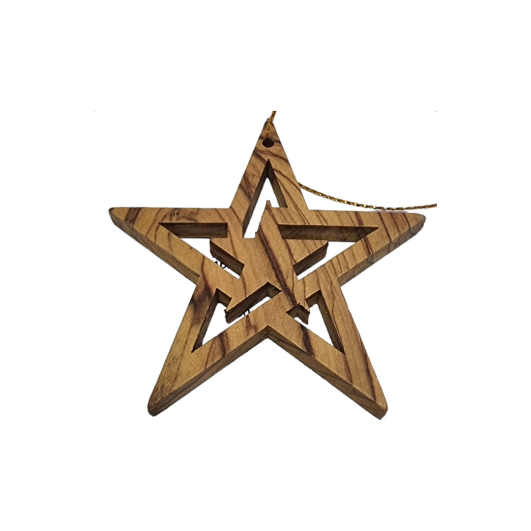 "Handcrafted Olive Wood Pentagram Star of Bethlehem Christmas Tree Ornament"