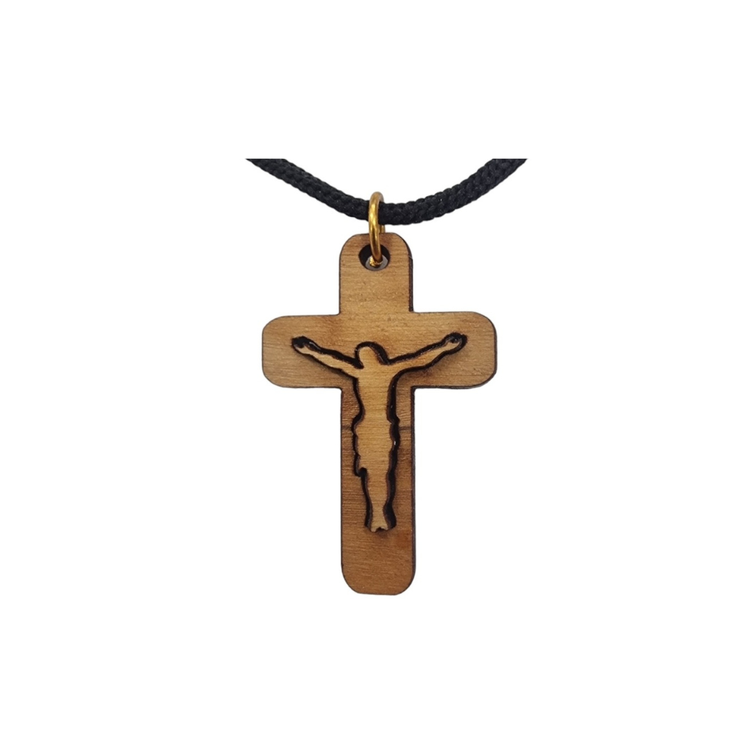 Olive Wood Crucifix Pendant with Black Cord