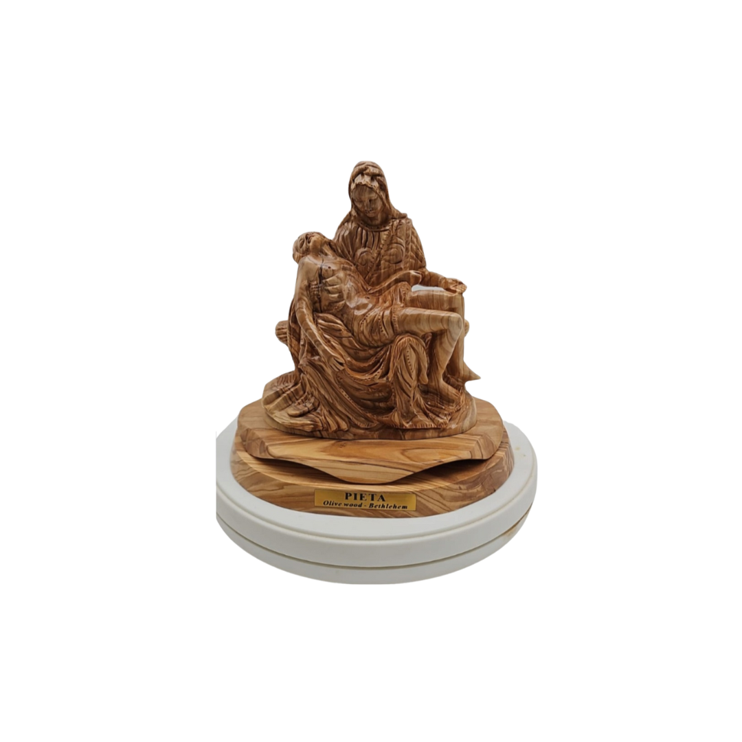 "Sacred Embrace: Olive Wood Hand-Carved Pieta Statue (22cm x 19cm)"