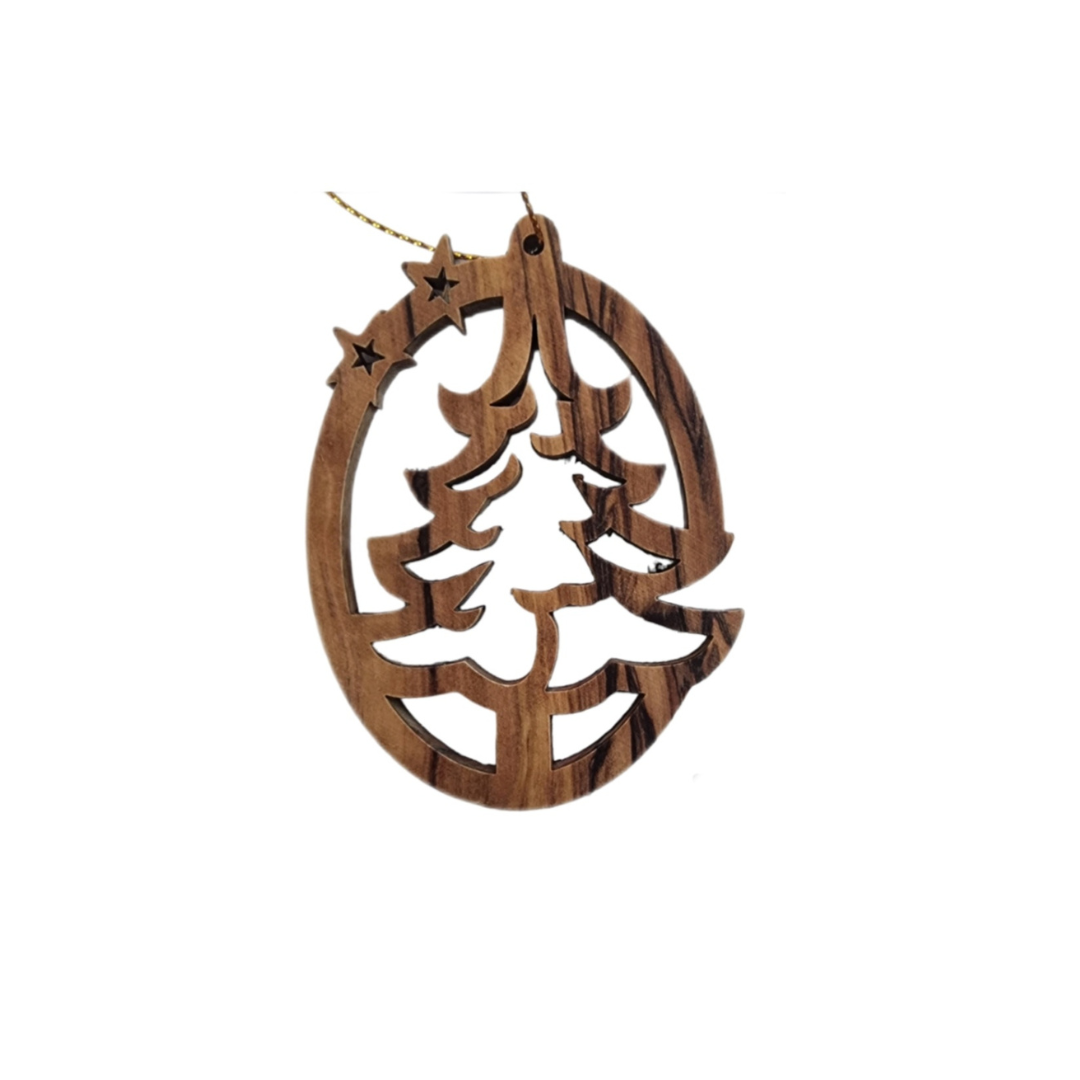 "Rustic Olive Wood Christmas Tree Ornament with Stars"