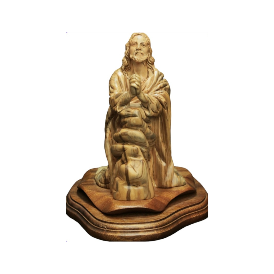 "Celestial Agony: Hand-Carved 21cm Olive Wood Sculpture of Jesus in Gethsemane"