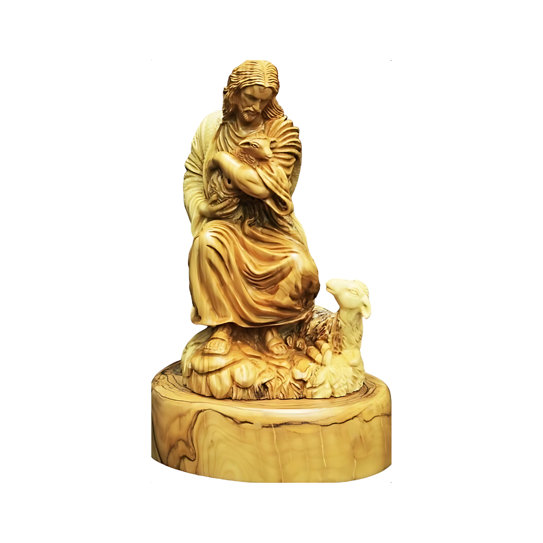 "Divine Grace: 28 cm Olive Wood Hand Carved Statue of Jesus the Good Shepherd"