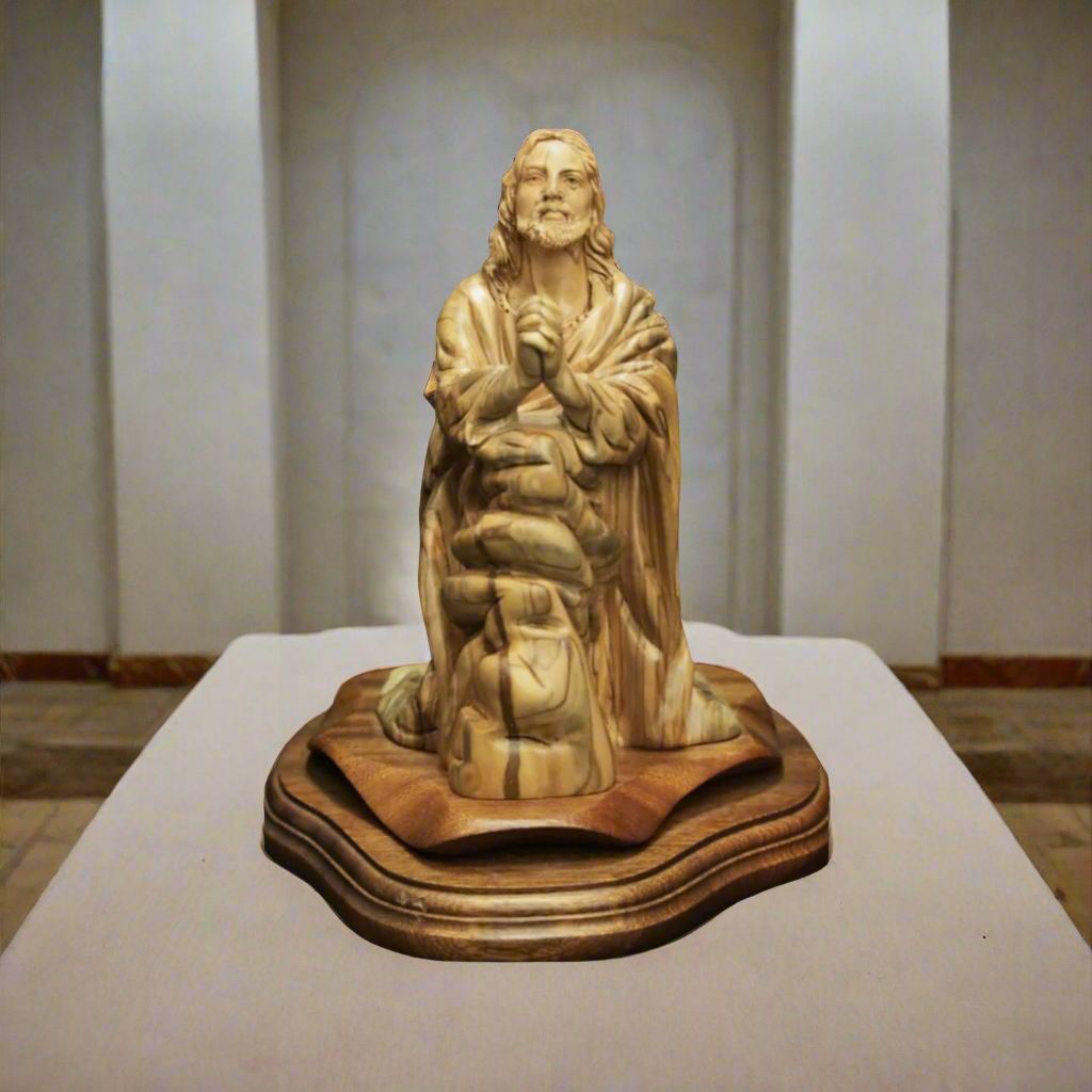 "Celestial Agony: Hand-Carved 21cm Olive Wood Sculpture of Jesus in Gethsemane"