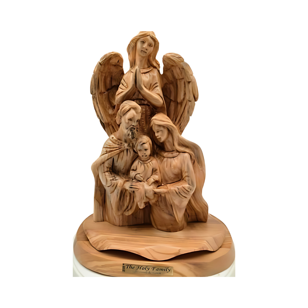 "Embrace the Sacred Harmony: Hand-Carved Olive Wood Holy Family with Angel"