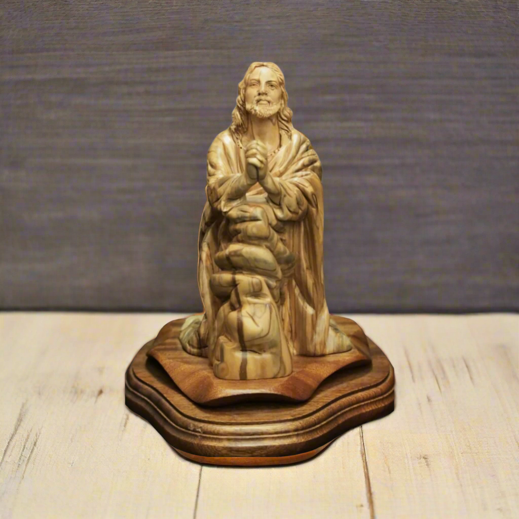 "Celestial Agony: Hand-Carved 21cm Olive Wood Sculpture of Jesus in Gethsemane"