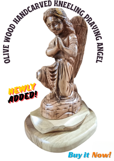 bethlehem angel warved from olive wood and over the picture is a title that says olive woodcarved kneeling praying angel