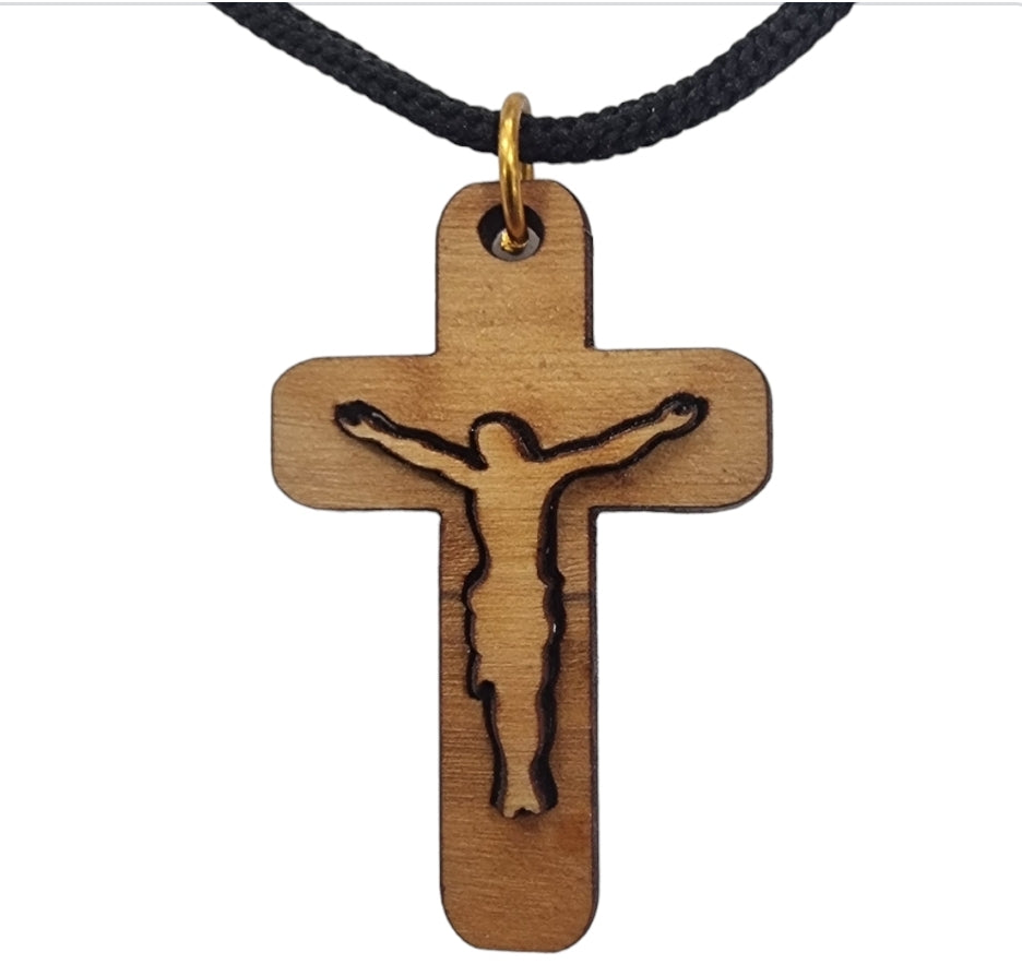 Olive Wood Crucifix Pendant with Black Cord