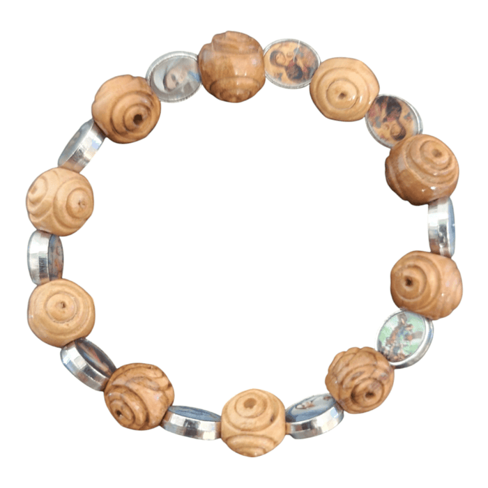 wooden bead bracelet featuring virgin mary images